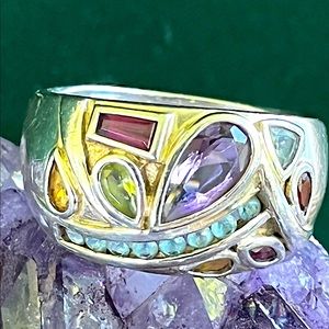 925 MULTI GEMSTONE AMETHYST CITRINE BLUE TOPAZ GARNET SERLING SILVER LARGE RING